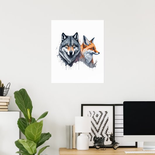 Wild Harmony: Waterverf Wolf en Fox Poster (Thuiskantoor)