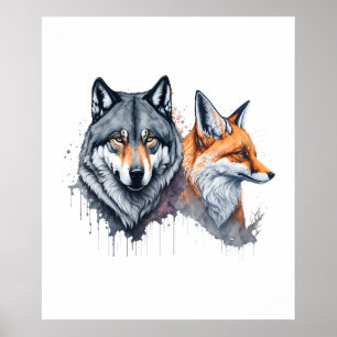 Wild Harmony: Waterverf Wolf en Fox Poster