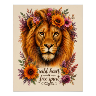 Wild Hart Vrije Geest Boho Bloem Leeuw Kunst Perfect Poster