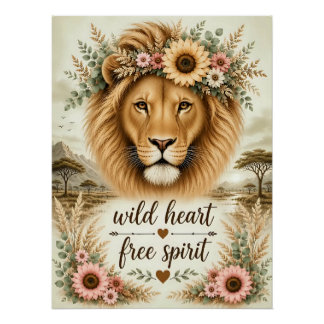 Wild Hart Vrije Geest Boho Bloem Leeuw Kunst Perfect Poster