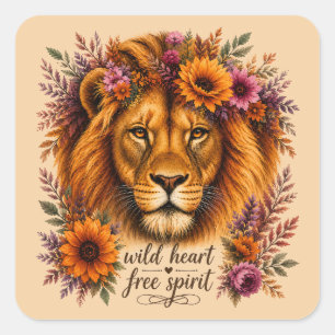 Wild Hart Vrije Geest Boho Bloem Leeuw Kunst Vierkante Sticker