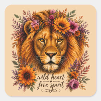 Wild Hart Vrije Geest Boho Bloem Leeuw Kunst Vierkante Sticker