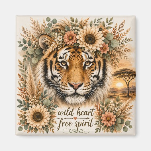 Wild Hart Vrije Geest Boho Bloemig Tijger Kunst Magneet (Voorkant)