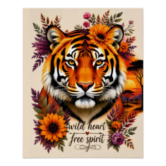 Wild Hart Vrije Geest Boho Bloemige TijgerKunst Perfect Poster