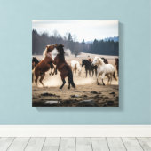 Wild Herd in Motion – Playful Horses in Meadow Canvas Afdruk (Insitu (Houten vloer))
