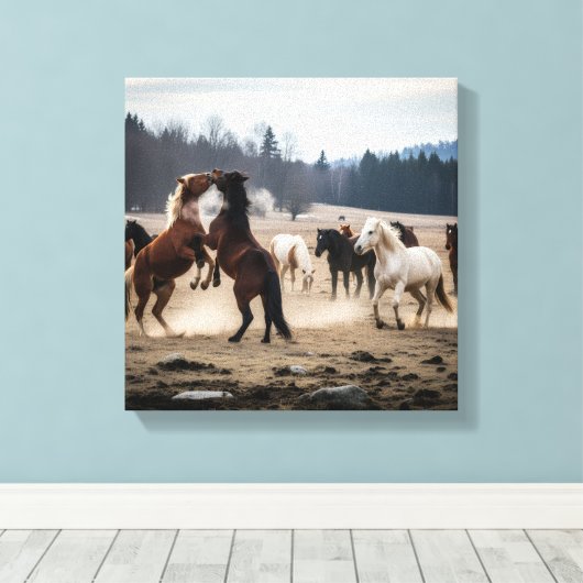 Wild Herd in Motion – Playful Horses in Meadow Canvas Afdruk (Insitu (Houten vloer))