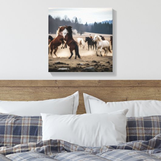 Wild Herd in Motion – Playful Horses in Meadow Canvas Afdruk (Insitu (Slaapkamer))