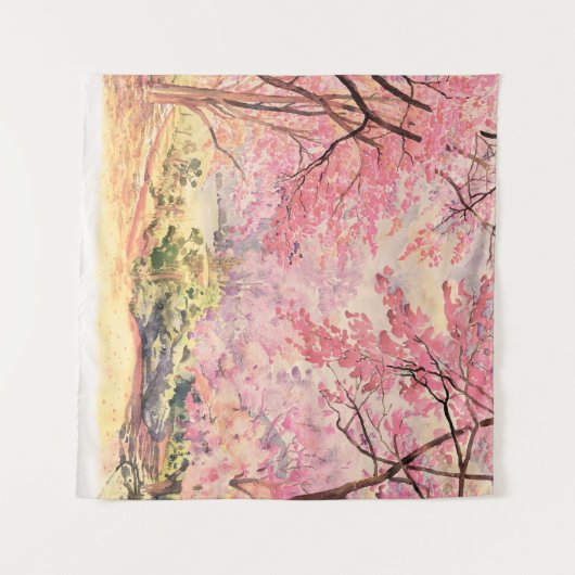 Wild Himalayan Cherry: Waterverf landschap. Wandkleed (Voorkant (horizontaal))