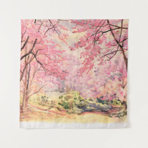 Wild Himalayan Cherry: Waterverf landschap. Wandkleed