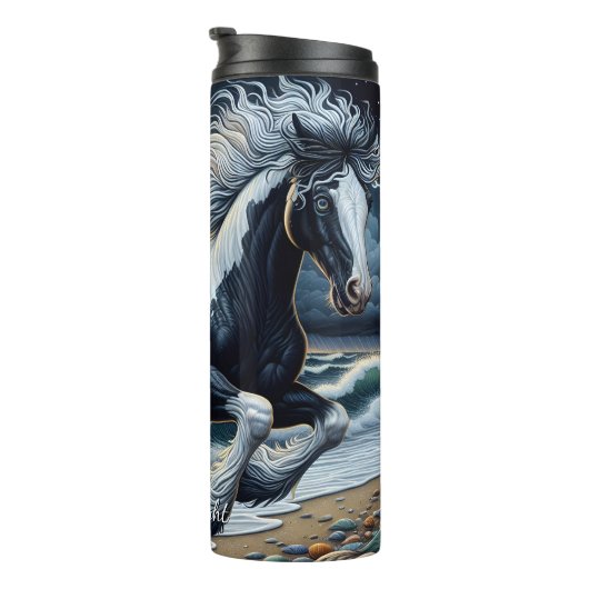 Wild Horse Galloping Stormy Beach Thermosbeker (Geroteerd rechts)
