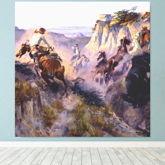 "Wild Horse Hunters" door Charles M Russell Canvas Afdruk (Insitu (Houten vloer))