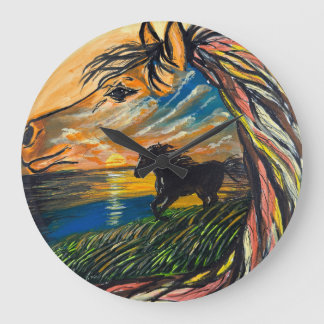 Wild Horse Sunset Kunst - Handgemaakte kunst Grote Klok