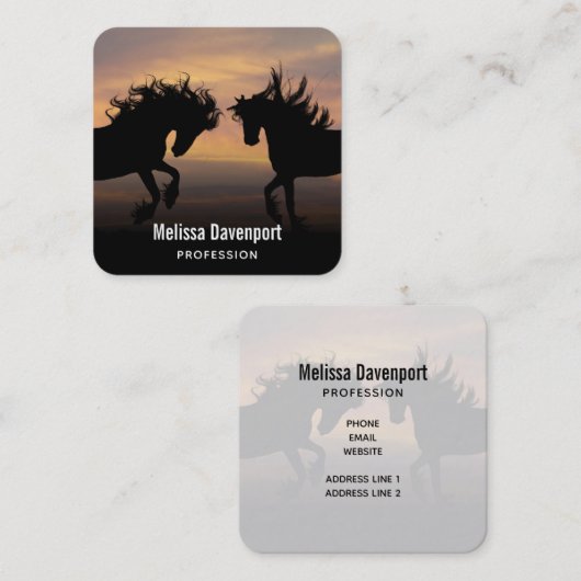 Wild Horses Dancing Silhouette Equestrian Vierkante Visitekaartje (Voorkant / Achterkant)