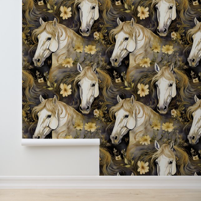 Wild Horses Gold Flowing Mane Bloemen Behang (Applicatie)
