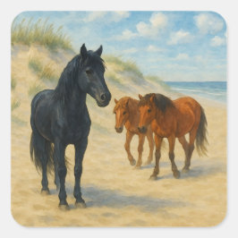 Wild Horses of Corolla North Carolina Watercolor Vierkante Sticker