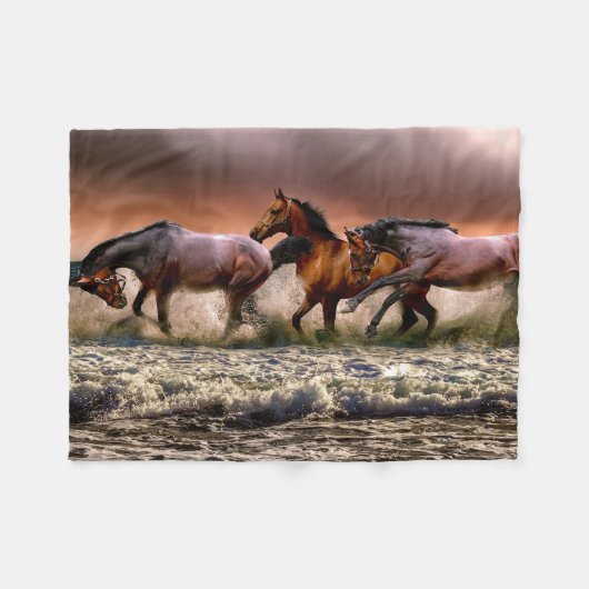 Wild Horses Playing in the Sea print Fleece Deken (Voorkant (Horizontaal))
