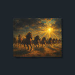 Wild Horses Running Canvas Afdruk<br><div class="desc">A stunning horizontal landscape featuring a herd of horses galloping through a misty,  golden sunrise.</div>