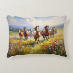 Wild Horses Running in a Wildflower Meadow Accent Kussen<br><div class="desc">A beautiful pillow for cowboy decor and western art lovers,  a gorgeous painting of wild horses running in a grassy field of wildflowers.</div>