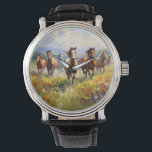 Wild Horses Running in a Wildflower Meadow Horloge<br><div class="desc">Terrific gift idea for cowgirls, cowboys and western art lovers, a gorgeous painting of wild horses running in a grassy field of wildflowers on a watch of your choice. Shown in the large vintage leather, but there are many various styles to choose from.</div>
