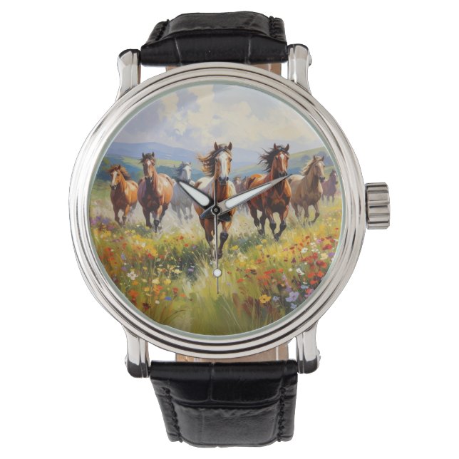 Wild Horses Running in a Wildflower Meadow Horloge (Voorkant)