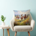 Wild Horses Running in a Wildflower Meadow Kussen<br><div class="desc">A beautiful pillow for cowboy decor and western art lovers,  a gorgeous painting of wild horses running in a grassy field of wildflowers.</div>
