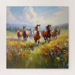 Wild Horses Running in a Wildflower Meadow Legpuzzel<br><div class="desc">Beautiful jigsaw puzzle for cowboys, cowgirls and western art lovers, a gorgeous painting of wild horses running in a grassy field of wildflowers.</div>