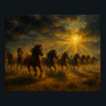 Wild Horses Running Poster<br><div class="desc">A stunning horizontal landscape featuring a herd of horses galloping through a misty,  golden sunrise.</div>