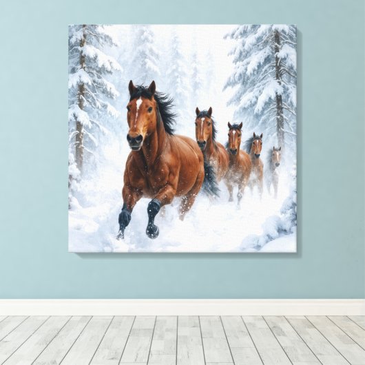 Wild Horses Running Through a Snowy Forest Canvas Afdruk (Insitu (Houten vloer))
