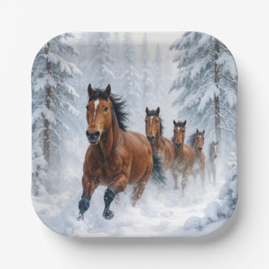 Wild Horses Running Through a Snowy Forest Papieren Bordje (Voorkant)