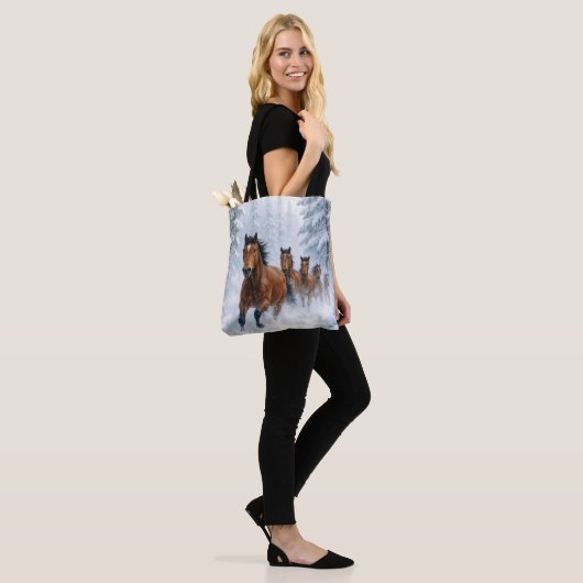 Wild Horses Running Through a Snowy Forest Tote Bag (Op model)