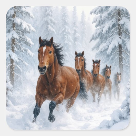 Wild Horses Running Through a Snowy Forest Vierkante Sticker (Voorkant)