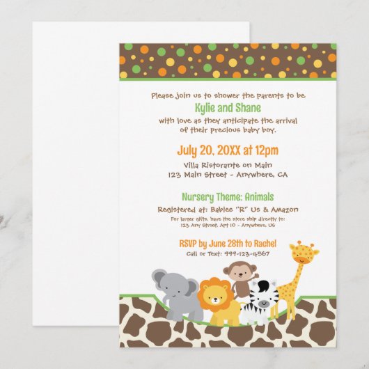 Wild Jungle Animals Baby Shower Invitation Kaart (Voorkant / Achterkant)