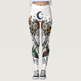 Wild Kind Wolf Bloemen Kroon Dolk Tatoeage Flash F Leggings