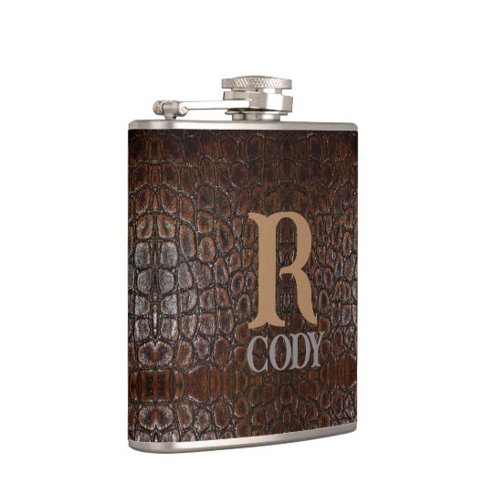  wild krokodilleder met bruine alligator heupfles (Rechts)