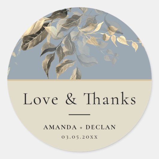 Wild Leaves Dusty Blue Floral Bruiloft Ronde Sticker (Voorkant)