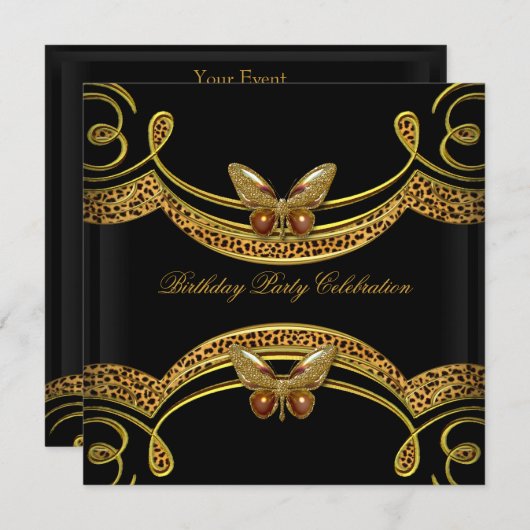 Wild Leopard Black Gold Birthday Party Kaart (Voorkant / Achterkant)