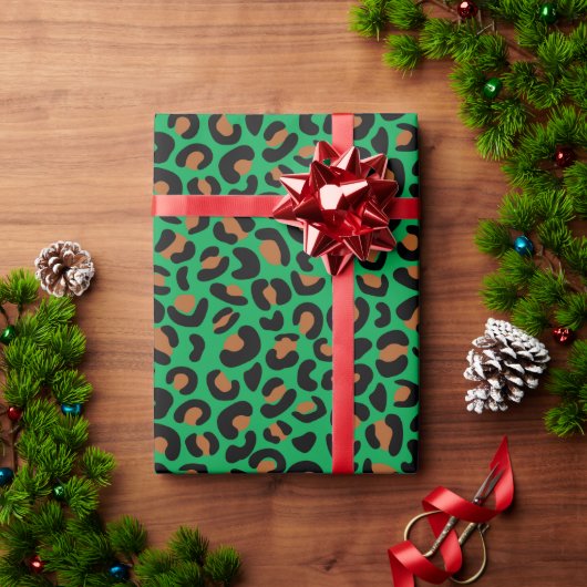 Wild Leopard Patroon Kerstcadeau Groen Naadloos Cadeaupapier (Feestdagen Geschenken)