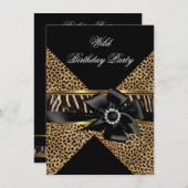 Wild Leopard Zebra Black Bow Gold Birthday Kaart (Voorkant / Achterkant)