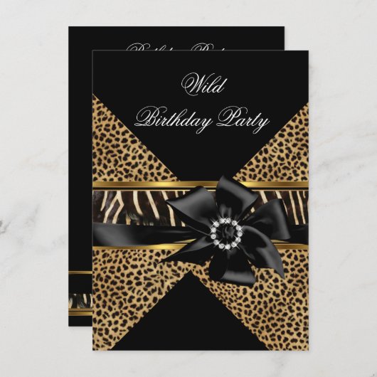 Wild Leopard Zebra Black Bow Gold Birthday Kaart (Voorkant / Achterkant)