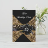 Wild Leopard Zebra Black Bow Gold Birthday Kaart (Staand voorkant)