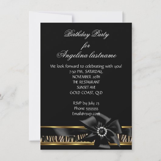 Wild Leopard Zebra Black Bow Gold Birthday Kaart (Achterkant)