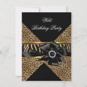 Wild Leopard Zebra Black Bow Gold Birthday Kaart (Voorkant)