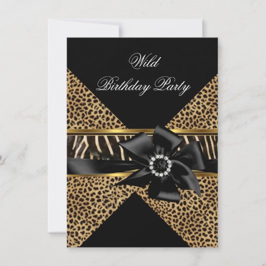 Wild Leopard Zebra Black Bow Gold Birthday Kaart (Voorkant)