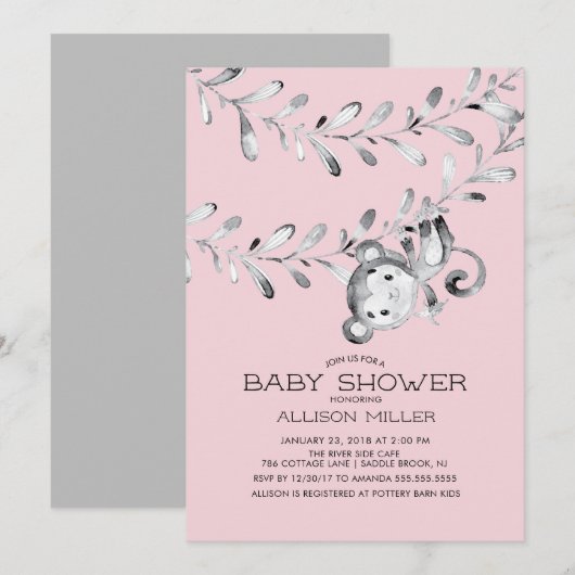 Wild Little Monkey Meisjes Baby shower Uitnodiging (Voorkant / Achterkant)