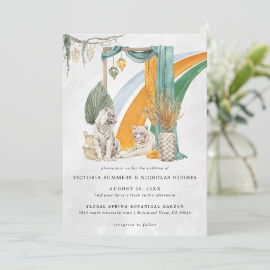 Wild Love | Boho Macrame Tiger Greenery Wedding Kaart (Staand voorkant)