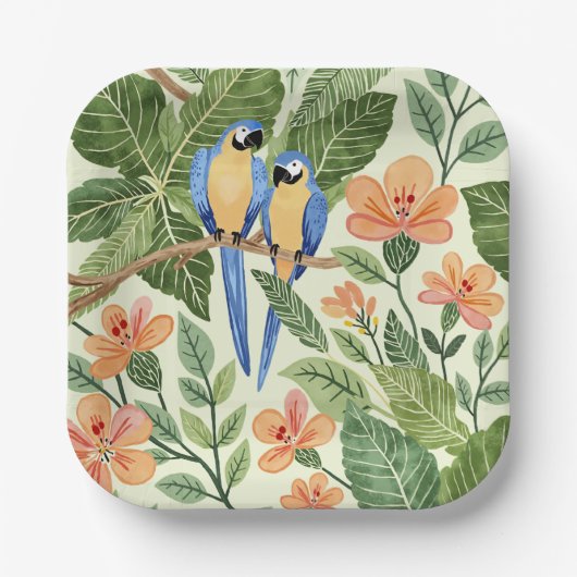 Wild Macaw Oerwoud Tropische Waterverf Papieren Bordje (Voorkant)