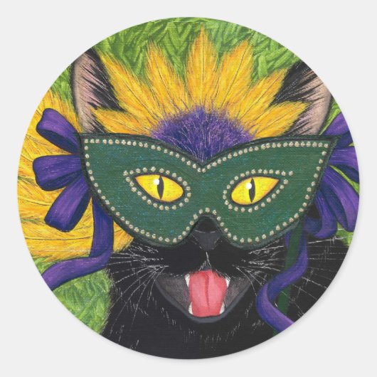 Wild Mardi Gras Kattenfeest New Orleans Masker Art Ronde Sticker (Voorkant)
