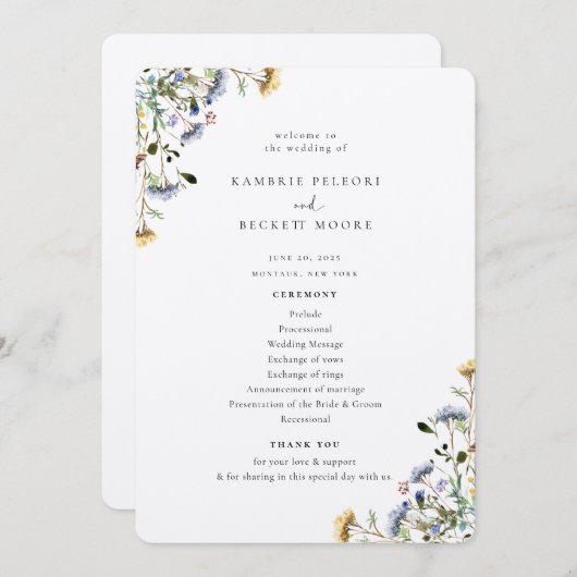 Wild Meadow Bloemen Huwelijksprogramma Programmakaart (Voorkant / Achterkant)