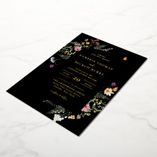 Wild Meadow Floral Arch Lijst Black Wedding Folie Uitnodiging