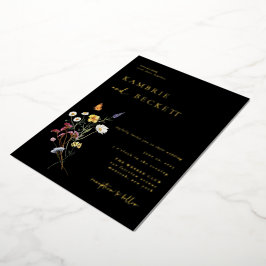 Wild Meadow Floral Wedding Black Folie Uitnodiging